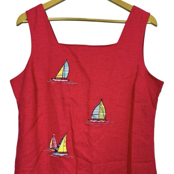 Vintage Ultra Womens Embroidered Linen Blend Sheath Dress Size 14 Red Sailboat - Picture 2 of 11